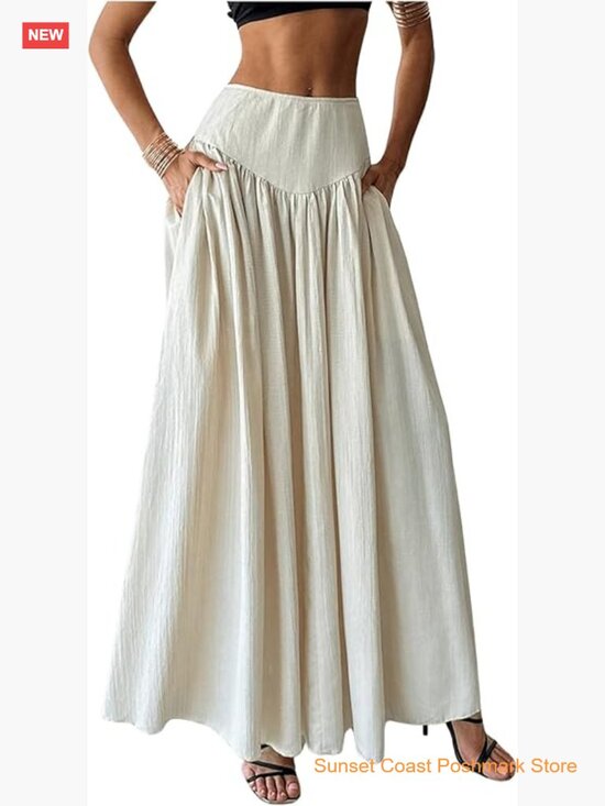 Dresses & Skirts - Women's Pleated Flowy Maxi Skirt High Waist Long Skirt with Pocket